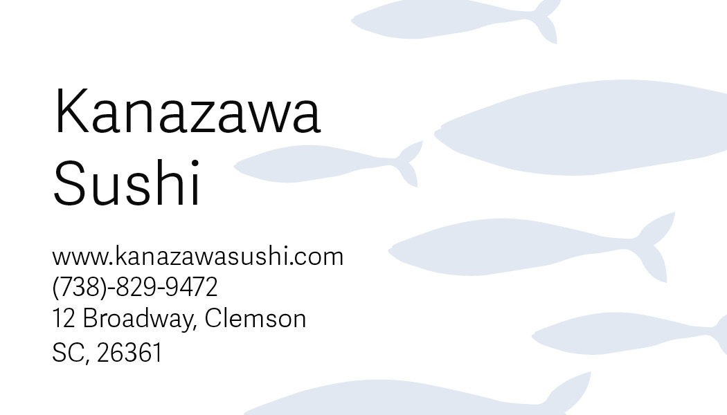 Back of business card with light blue fish and contact information.