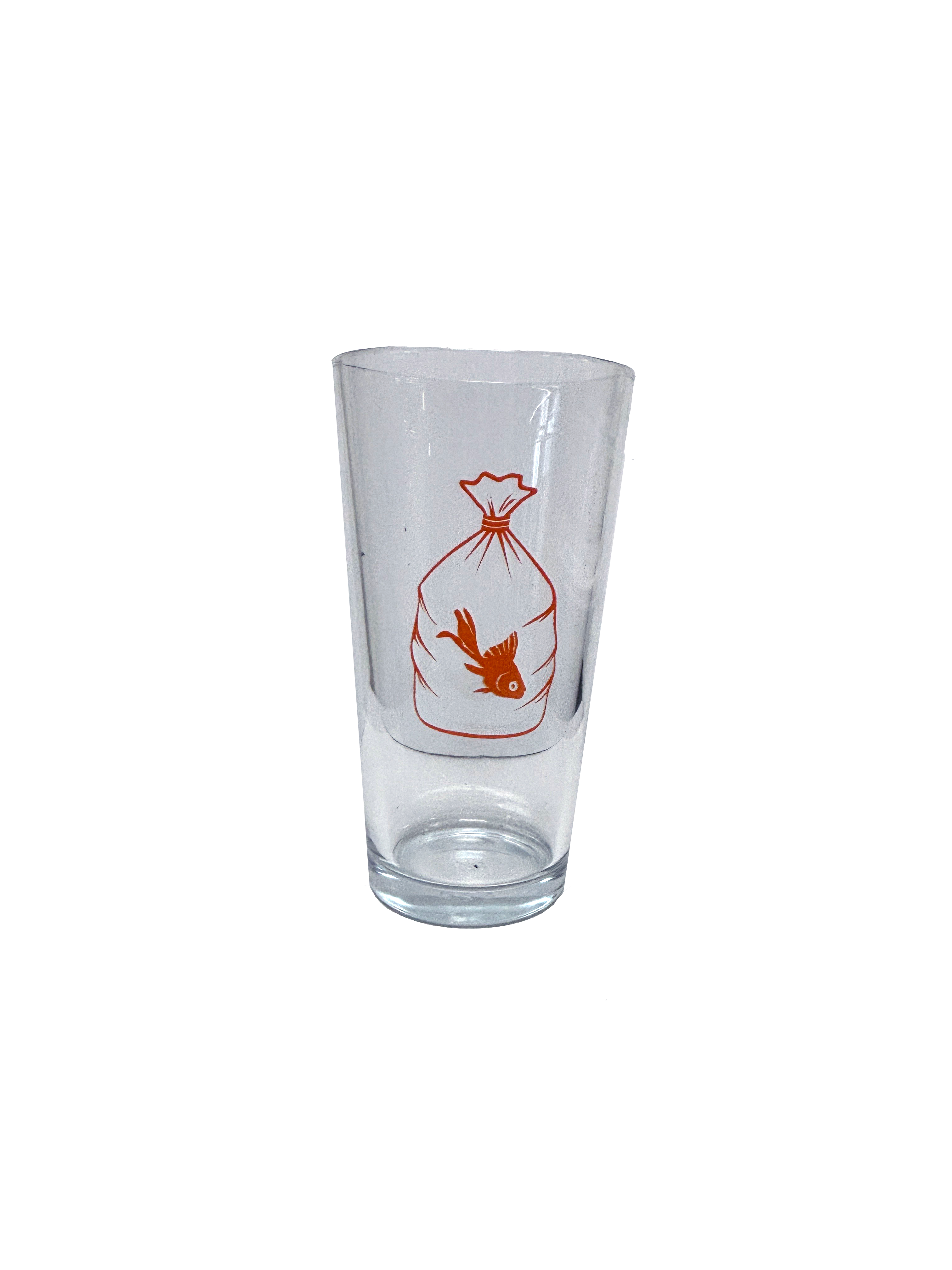 Pint glass with goldfish in a bag design in orange