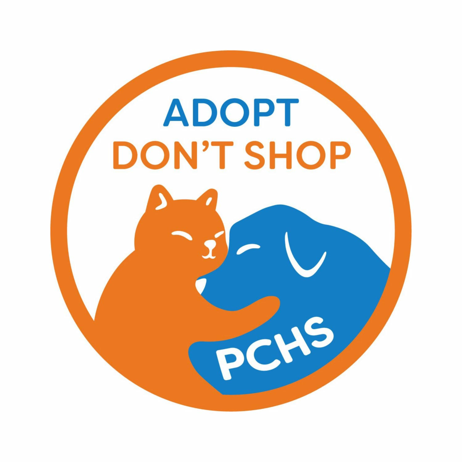 Circular label design of dog and cat hugging with the phrase adopt dont shop.