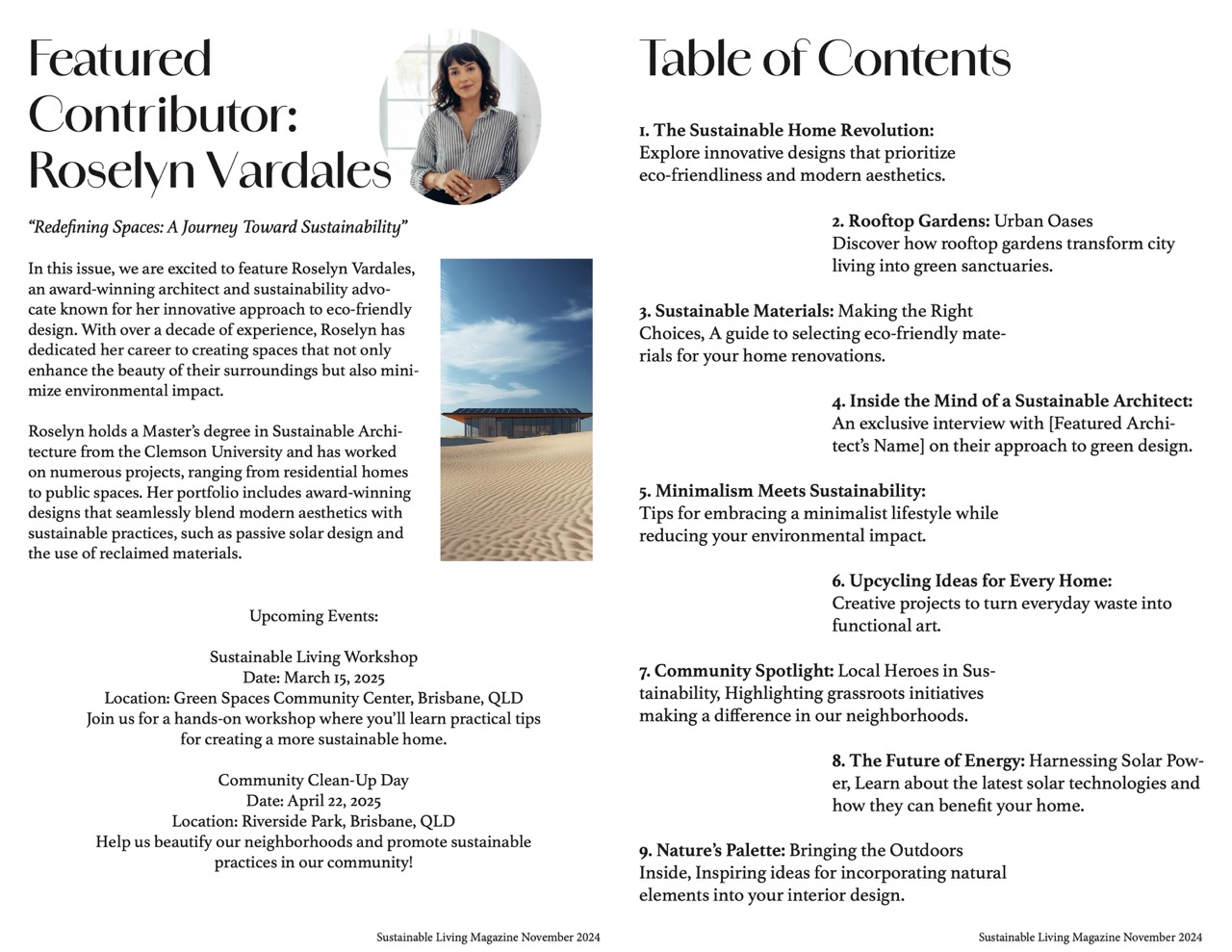 Table of contents and featured contributer page.