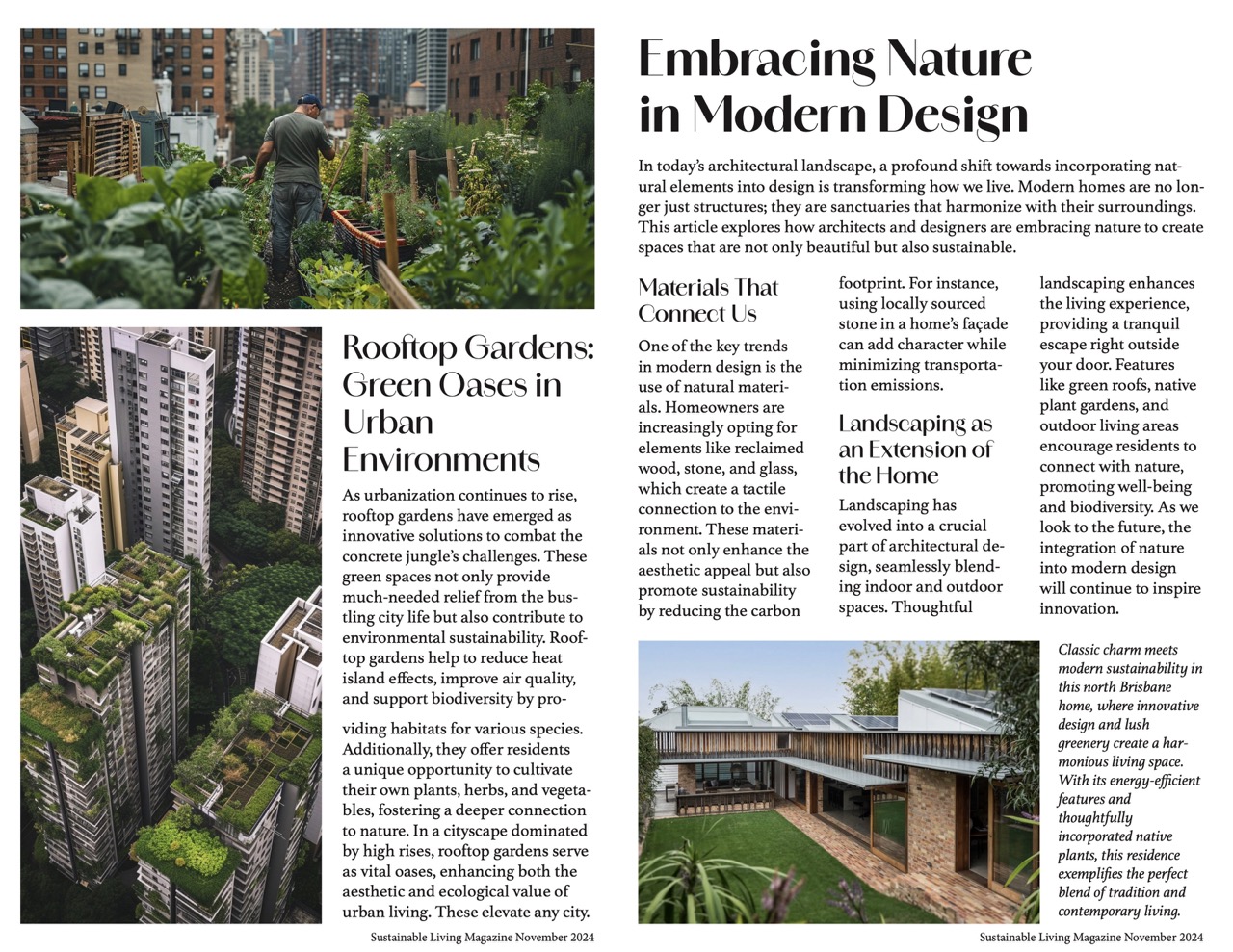 Article about nature in architecture with images of urban gardens.