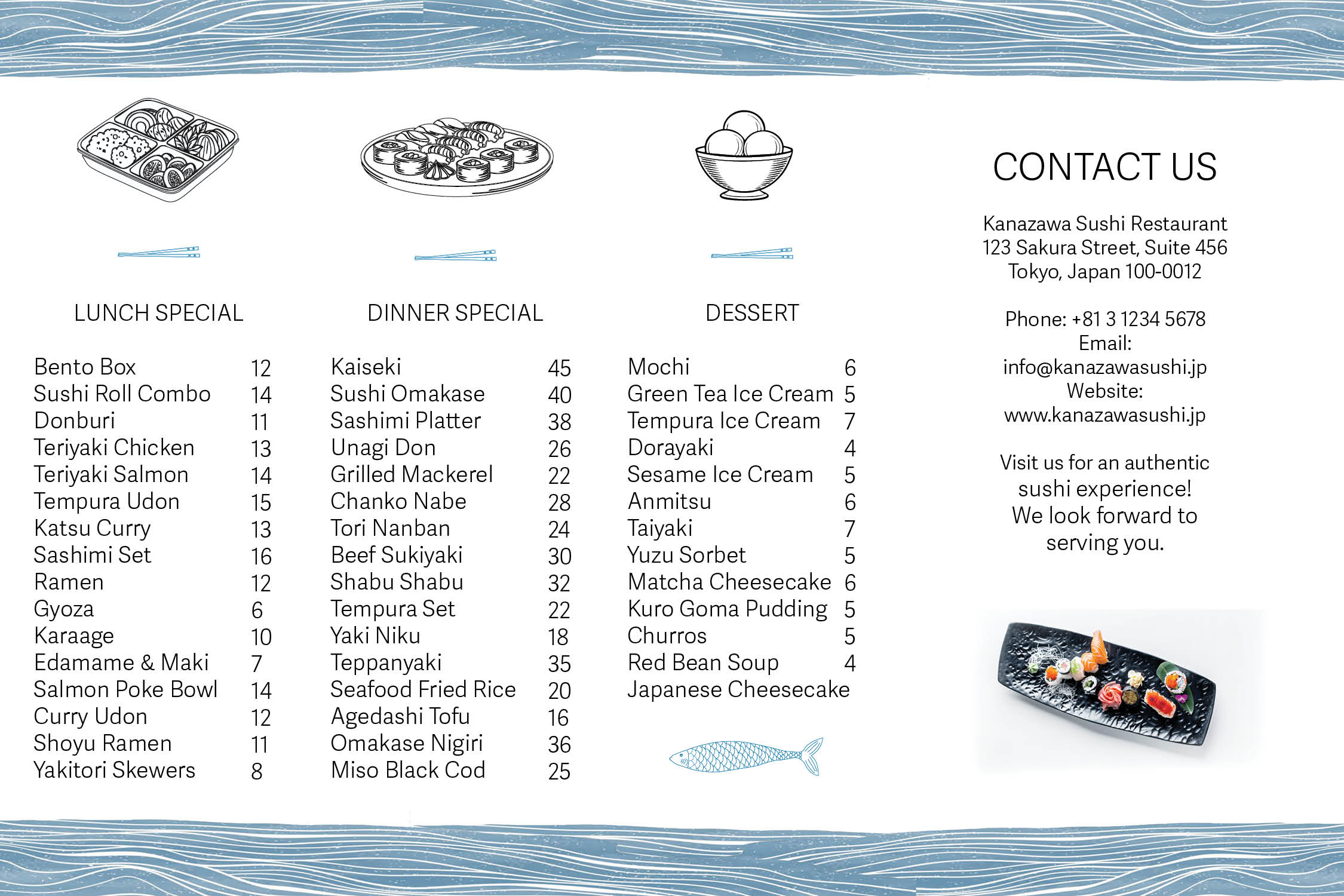 Back of menu for sushi restaurant with line graphics and an image of a sushi plate.