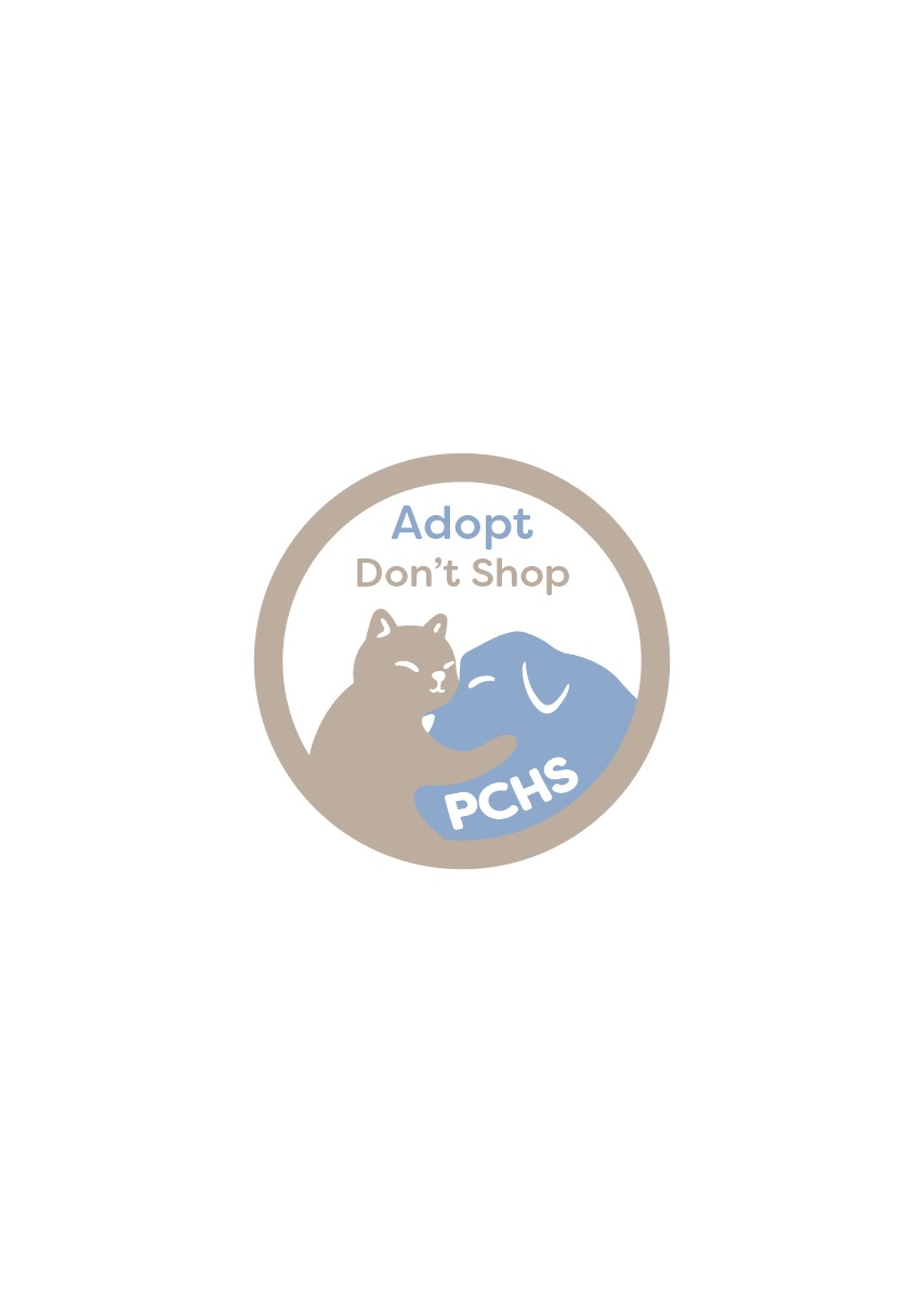 Label design promoting adoption with a dog and cat hugging